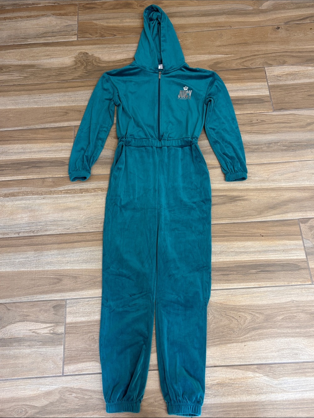 Juicy Couture Teal Hooded Velour One-Piece Jumpsuit